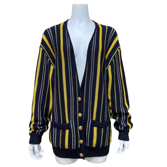 Button Up Cardigan Sweater Striped Multicolor Size L Gold Buttons - Picture 1 of 10